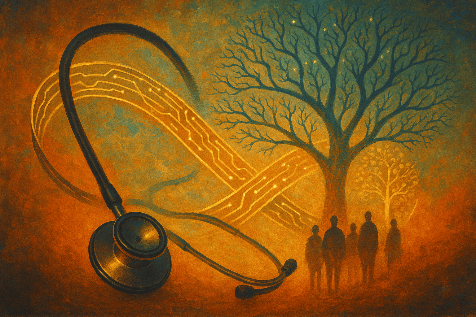 Ilustração surreal: estetoscópio à esquerda conectado a uma fita de Möbius luminosa que envolve árvore fractal com circuitos e silhuetas humanas, em tons quentes e frios.