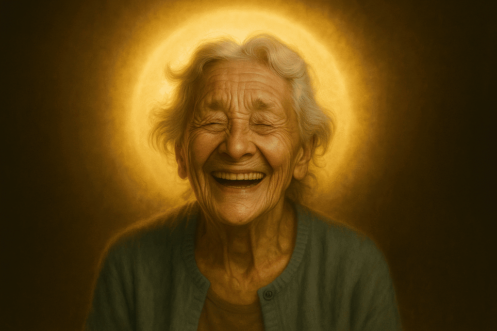 Idosa com Parkinson sorri sob halo dourado, simbolizando dignidade e resistência à dor.” Inclui: idosa, Parkinson, sorrir, halo dourado, dignidade