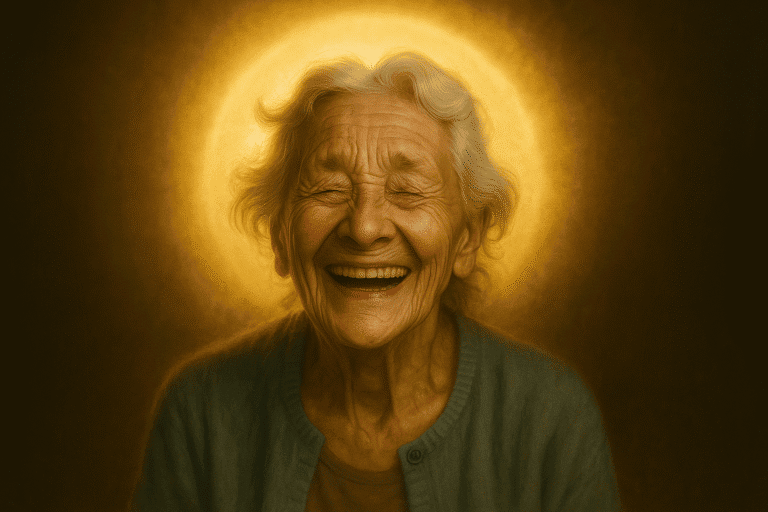 Idosa com Parkinson sorri sob halo dourado, simbolizando dignidade e resistência à dor.” Inclui: idosa, Parkinson, sorrir, halo dourado, dignidade