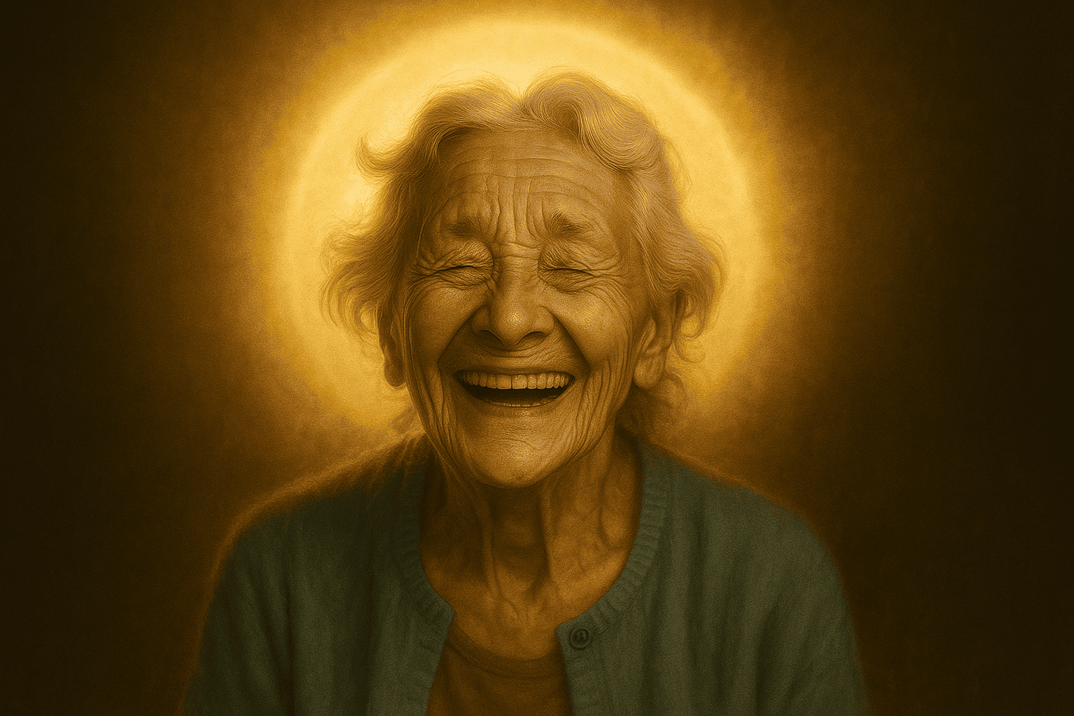 Idosa com Parkinson sorri sob halo dourado, simbolizando dignidade e resistência à dor.” Inclui: idosa, Parkinson, sorrir, halo dourado, dignidade