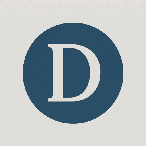 Ícone com a letra D em branco sobre fundo azul escuro