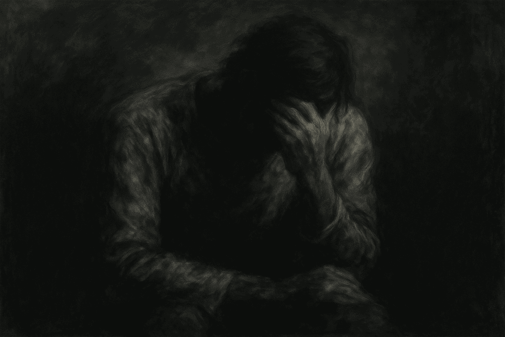 Desenho em carvão de figura curvada com a mão no rosto, em ambiente escuro, evocando o peso do sofrimento humano.