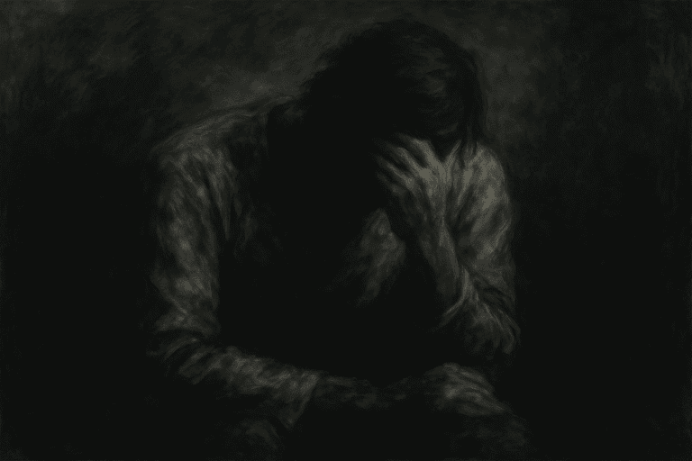 Desenho em carvão de figura curvada com a mão no rosto, em ambiente escuro, evocando o peso do sofrimento humano.