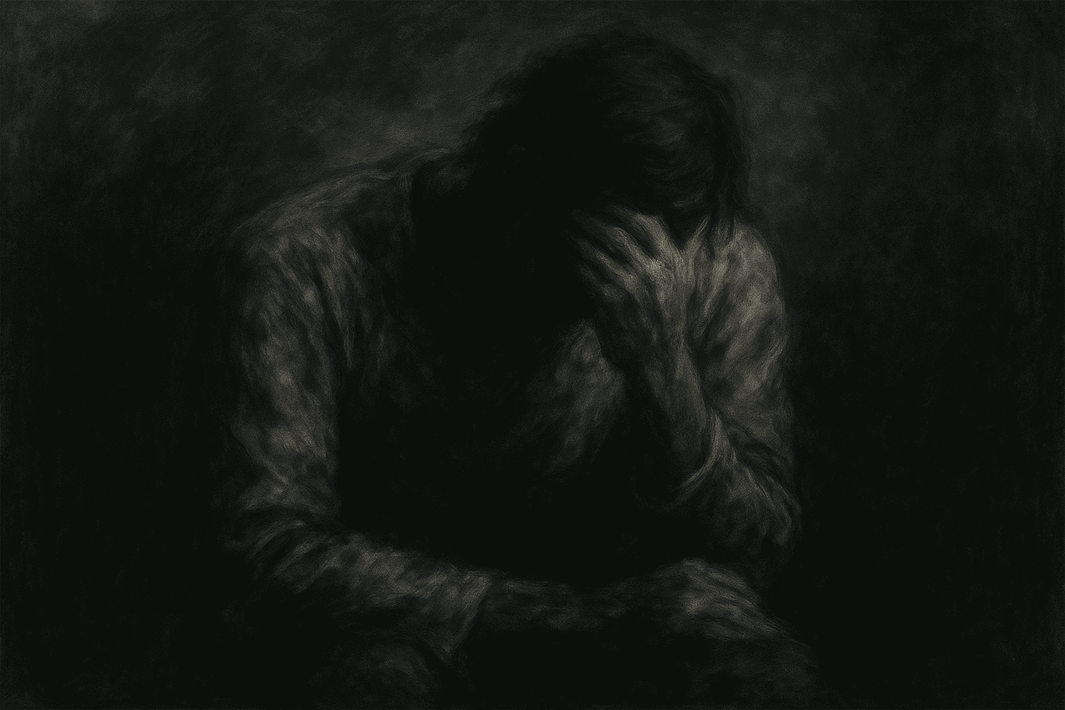 Desenho em carvão de figura curvada com a mão no rosto, em ambiente escuro, evocando o peso do sofrimento humano.